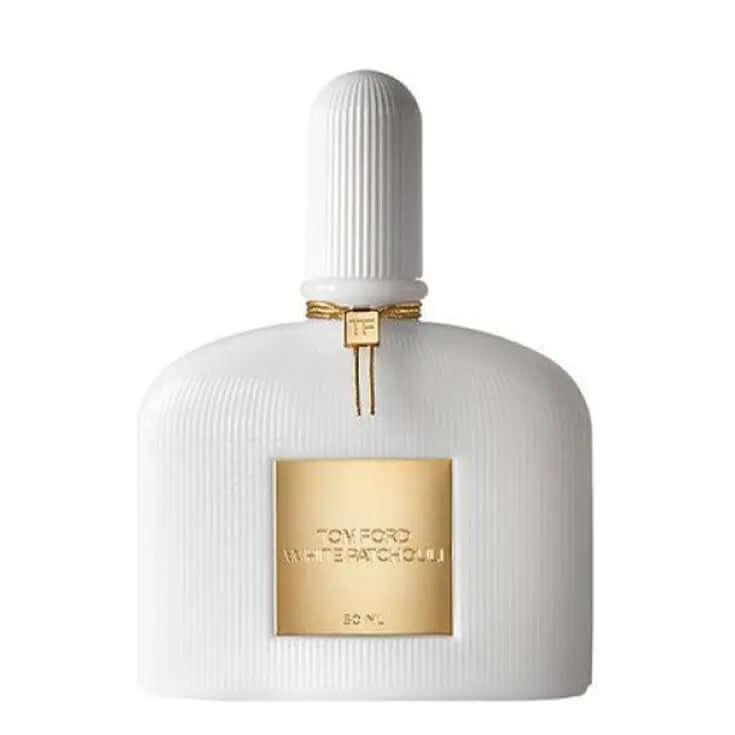 White Patchouli Tom Ford fragrance bottle, sleek white design with gold label, decant sample for women.