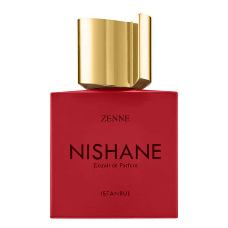 Zenne Nishane decant bottle with red design and gold cap.